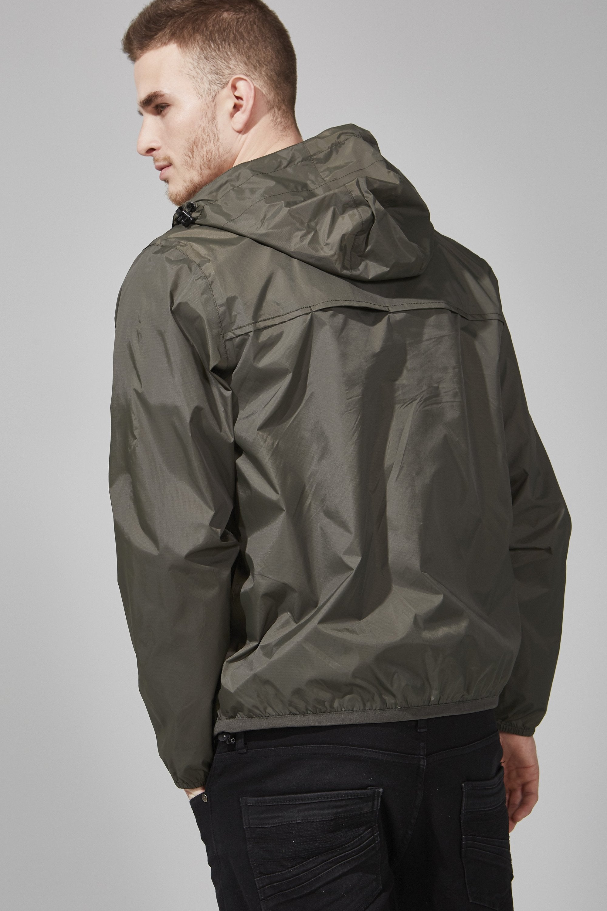 Picture of a Men's Quarter Zip Olive Green Waterproof Rain Jacket back view