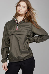 Picture of a Women's Quarter Zip Olive Green Waterproof Rain Jacket front