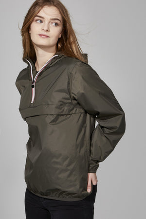 Picture of a Women's Quarter Zip Olive Green Waterproof Rain Jacket side