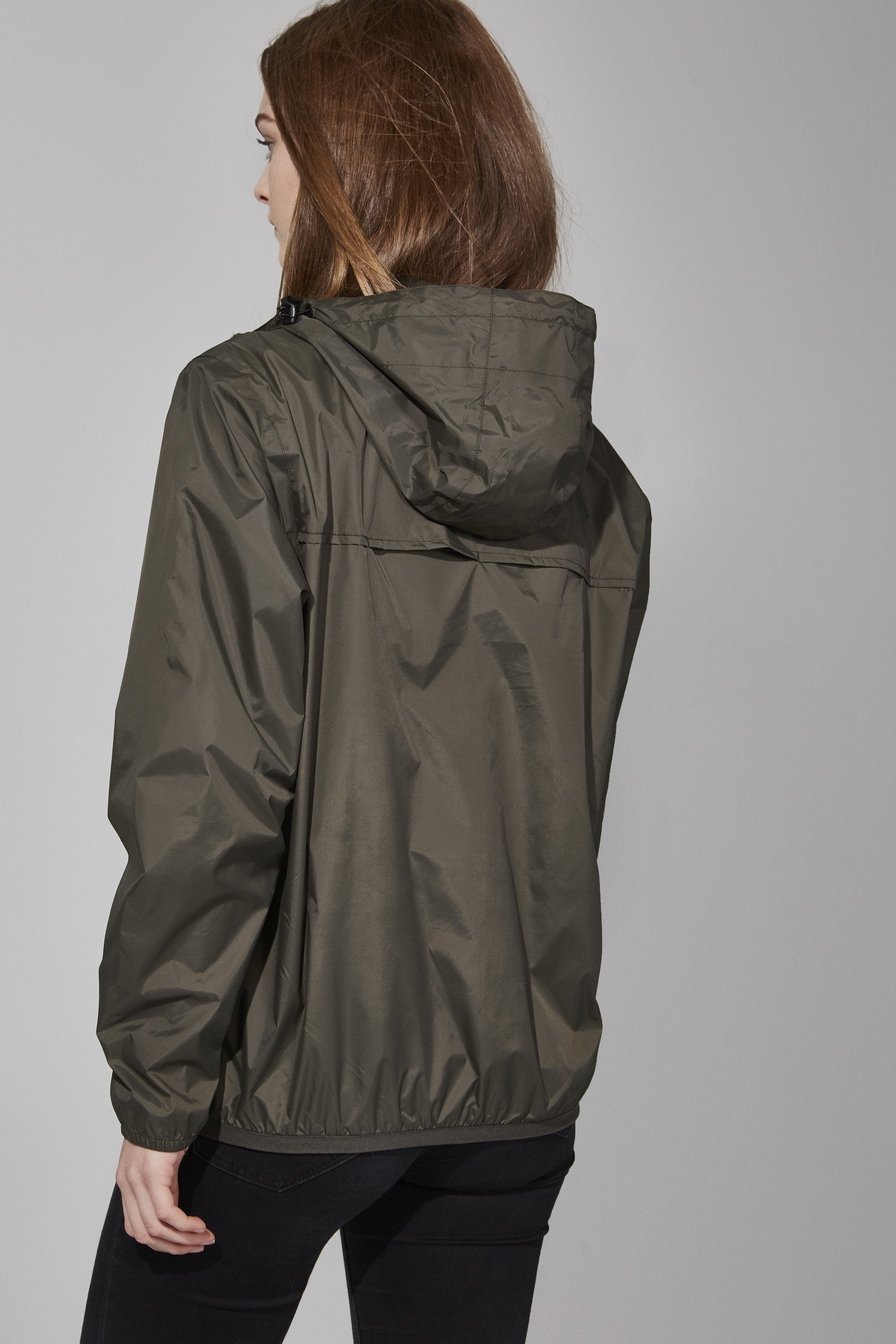 Picture of a Women's Quarter Zip Olive Green Waterproof Rain Jacket back