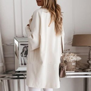 Picture of a Women Turn-down Collar Button Woolen Coat white back view