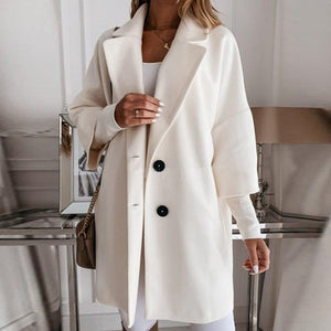 Picture of a Women Turn-down Collar Button Woolen Coat White