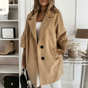 Picture of a Women Turn-down Collar Button Woolen Coat khaki front view