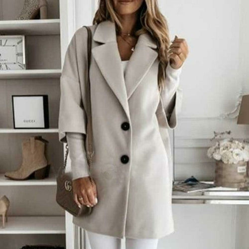 Picture of a Women Turn-down Collar Button Woolen Coat apricot front view