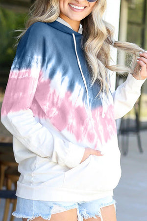 Picture of a Radiant Sunset Tie-Dye Hoodie pink and blue front view