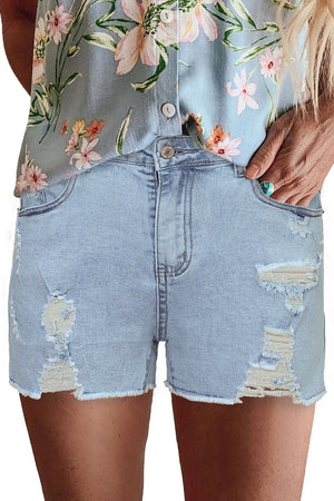 Picture of a Women's High Rise Denim Shorts with Tears front view