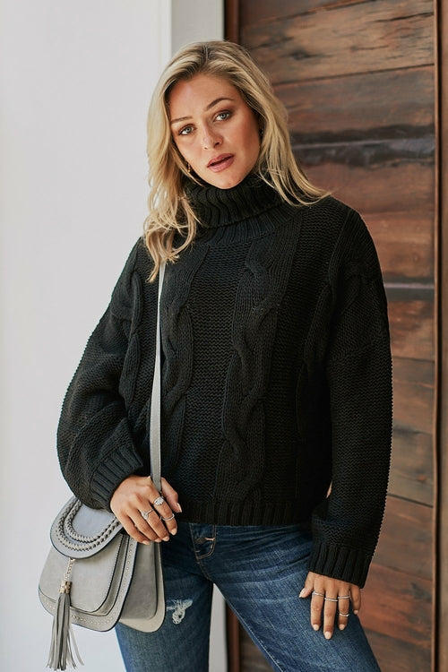 Picture of a Women's Cuddle Approved Cable Knit Handmade Turtleneck Sweater black front