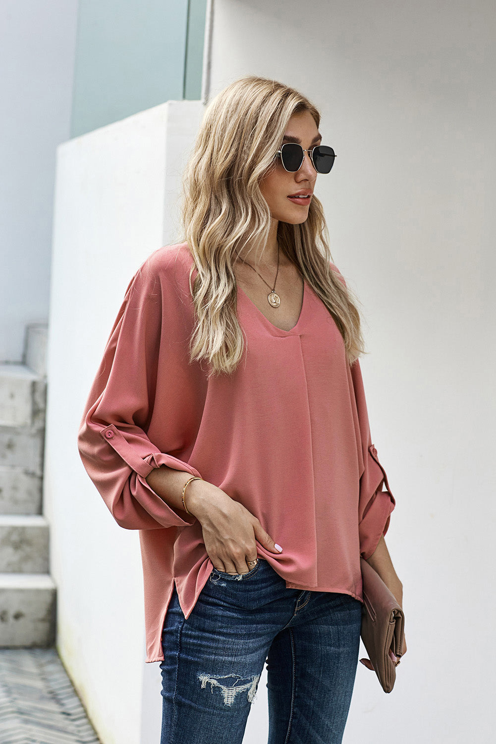 Women's V-Neck Long Sleeve Blouse pink