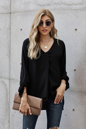 Women's V-Neck Long Sleeve Blouse black