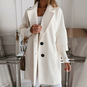 Picture of a Women Turn-down Collar Button Woolen Coat white front view