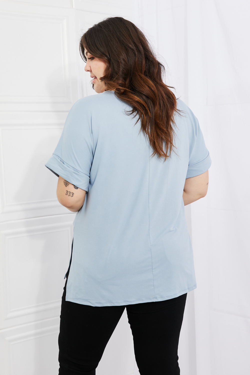 Cotton V-Neck Women's Plain Sky Blue T-Shirt plus size back