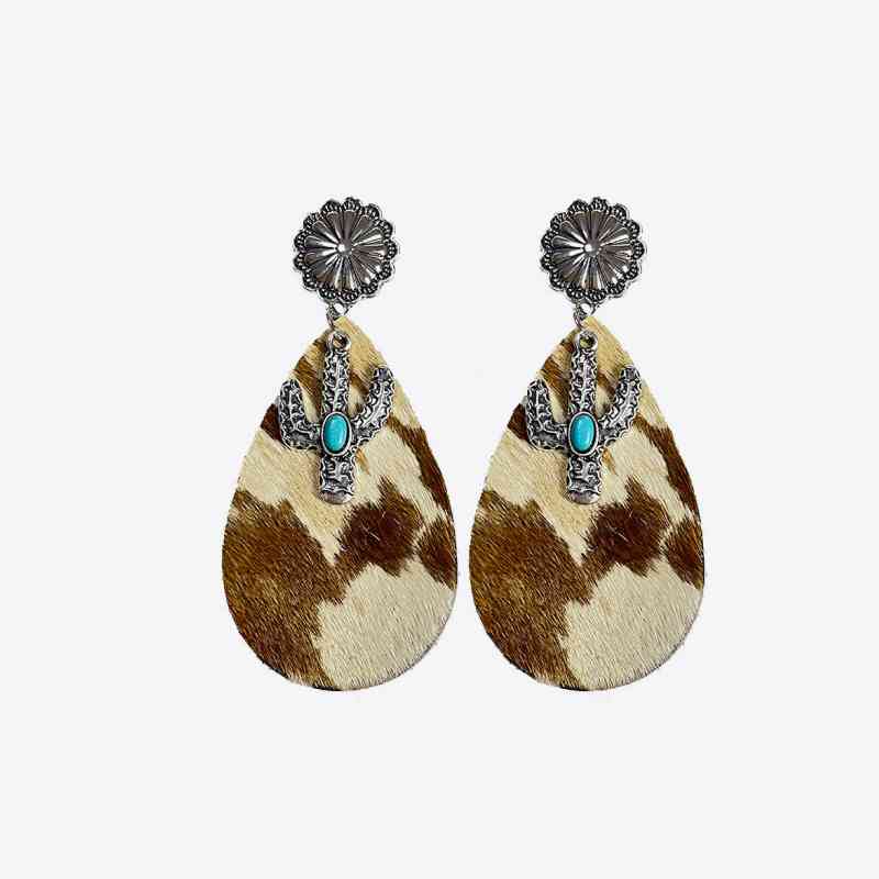 Turquoise Cactus Animal Pattern Dangle Earrings cow brown