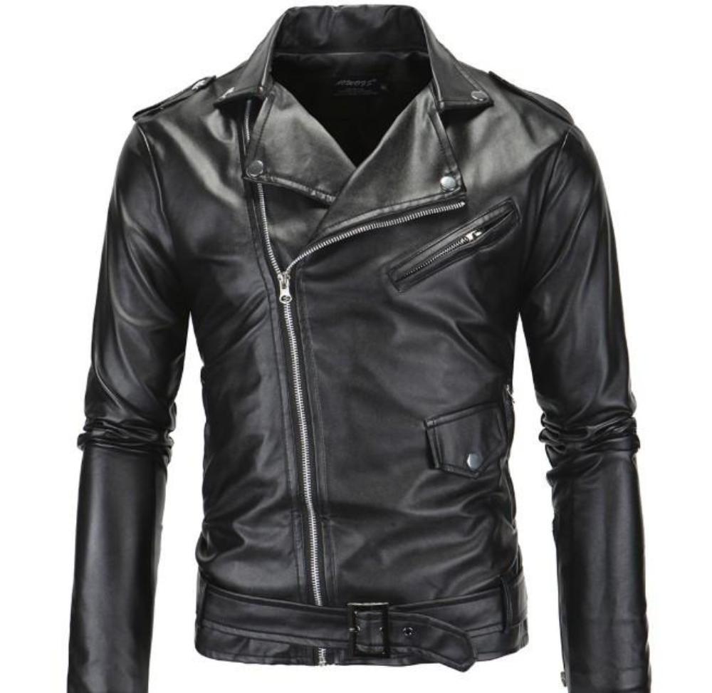 Picture of a Men's Black Faux Leather Biker Jacket black front view
