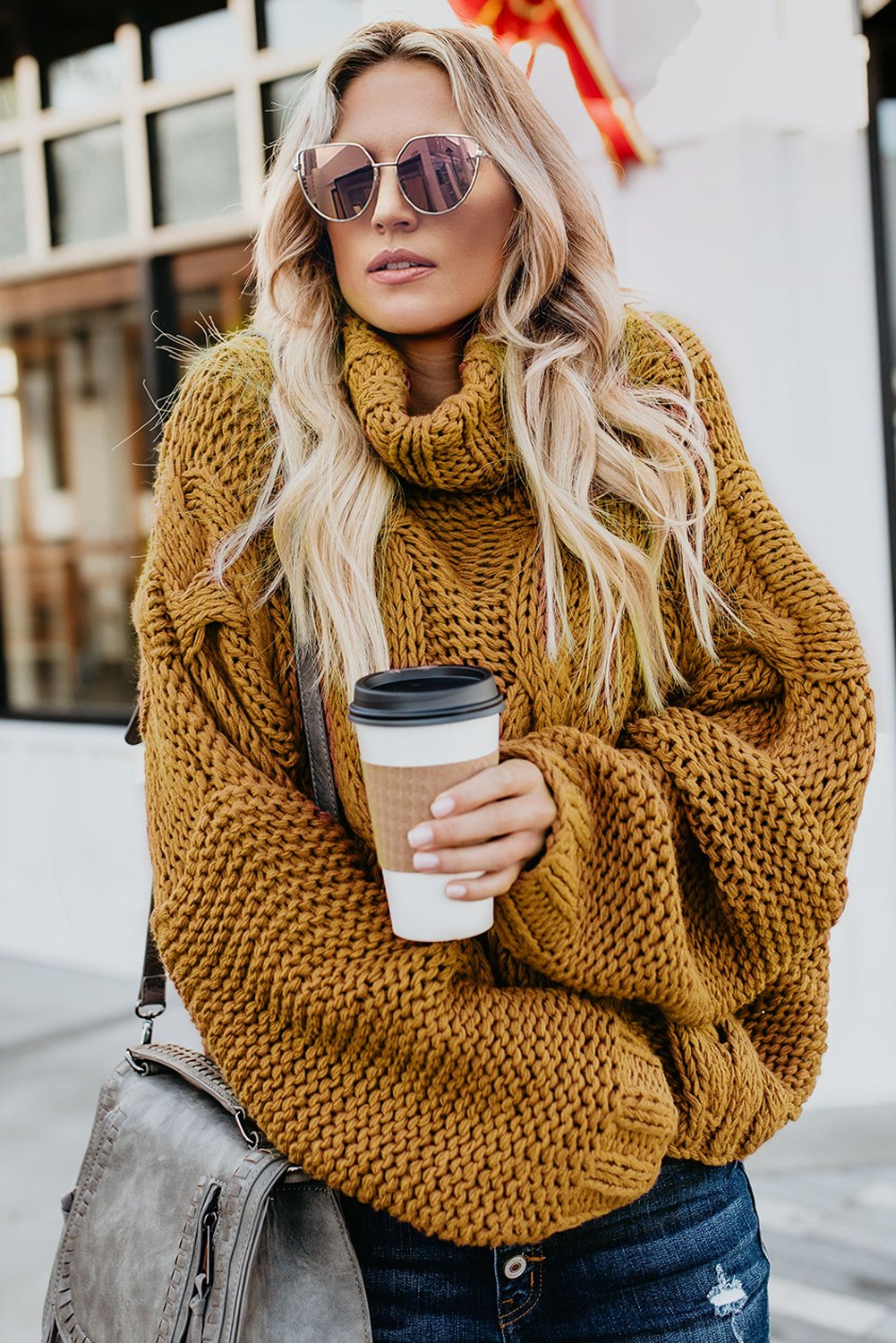 Picture of a Women's Cuddle Approved Cable Knit Handmade Turtleneck Sweater mustard front