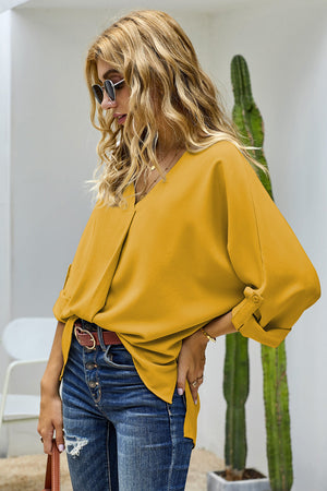 Women's V-Neck Long Sleeve Blouse yellow