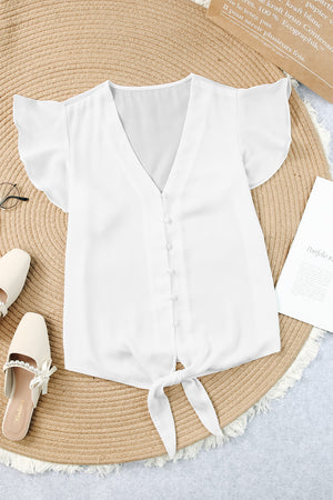 V-Neck Tie and Hem Flutter Sleeve Summer Women's Blouse white