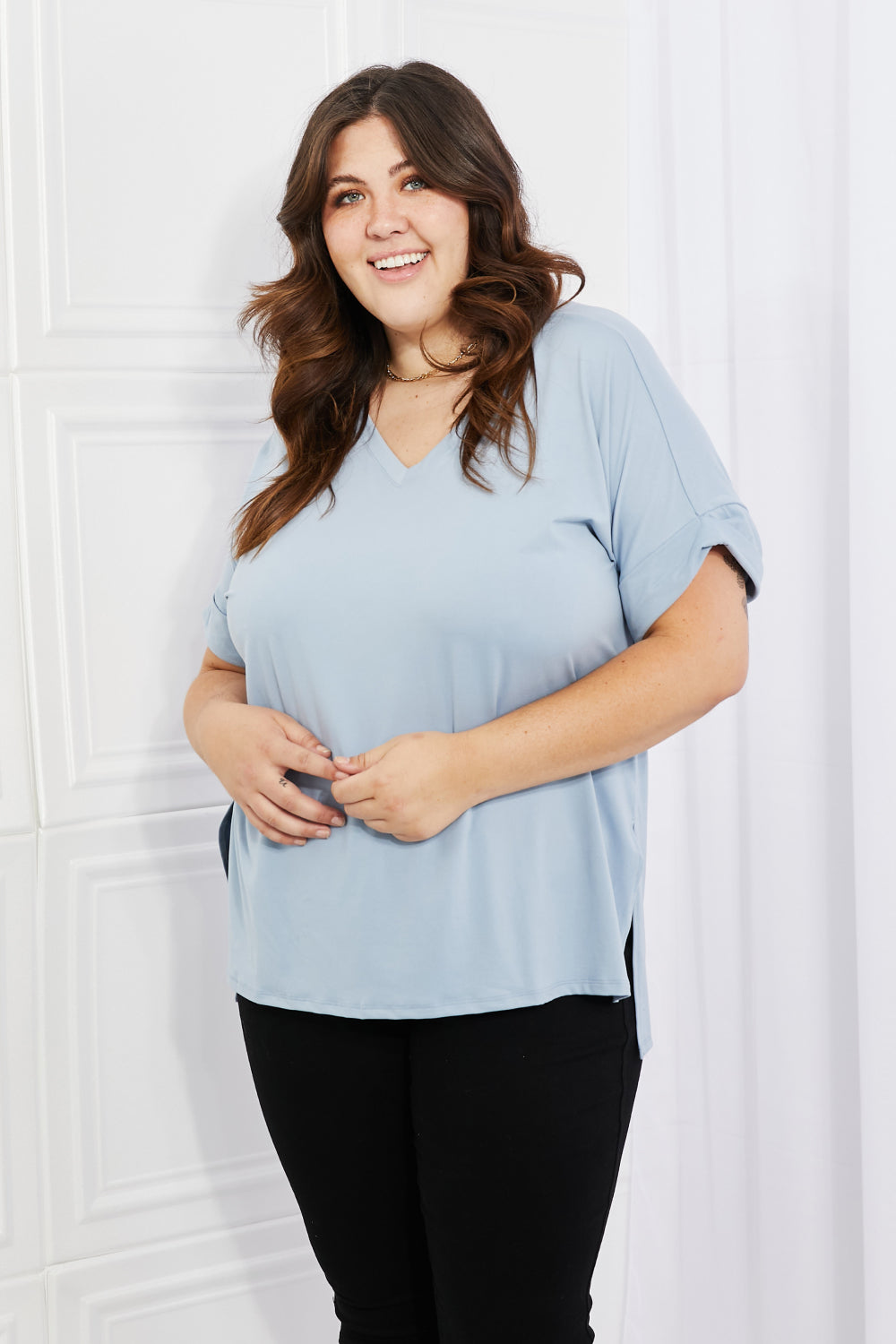 Cotton V-Neck Women's Plain Sky Blue T-Shirt plus size front