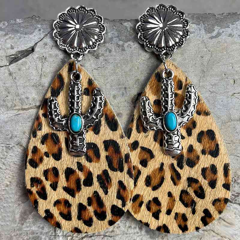 Turquoise Cactus Animal Pattern Dangle Earrings cheetah