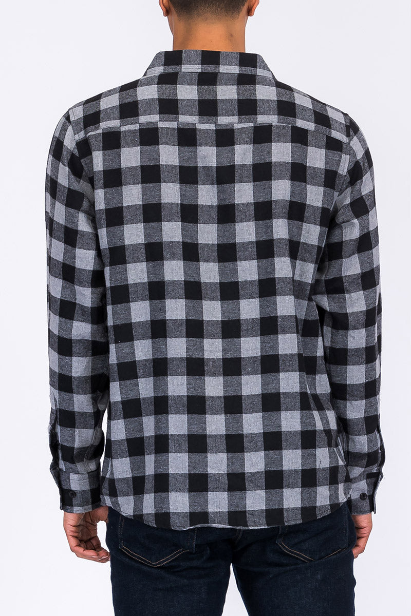 Picture of a Black and Grey Men's Flannel Shirt back view