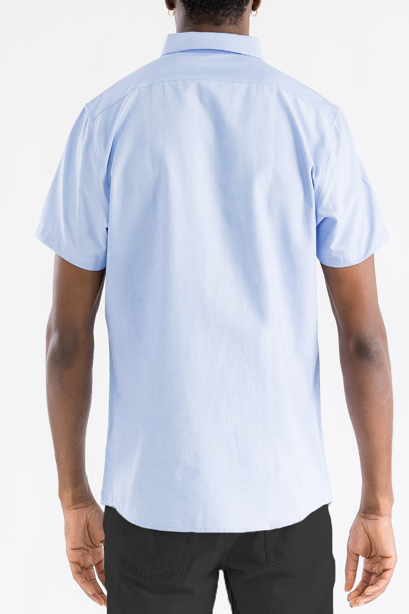 Men's Plain Blue Button Down Short Sleeve Shirt back