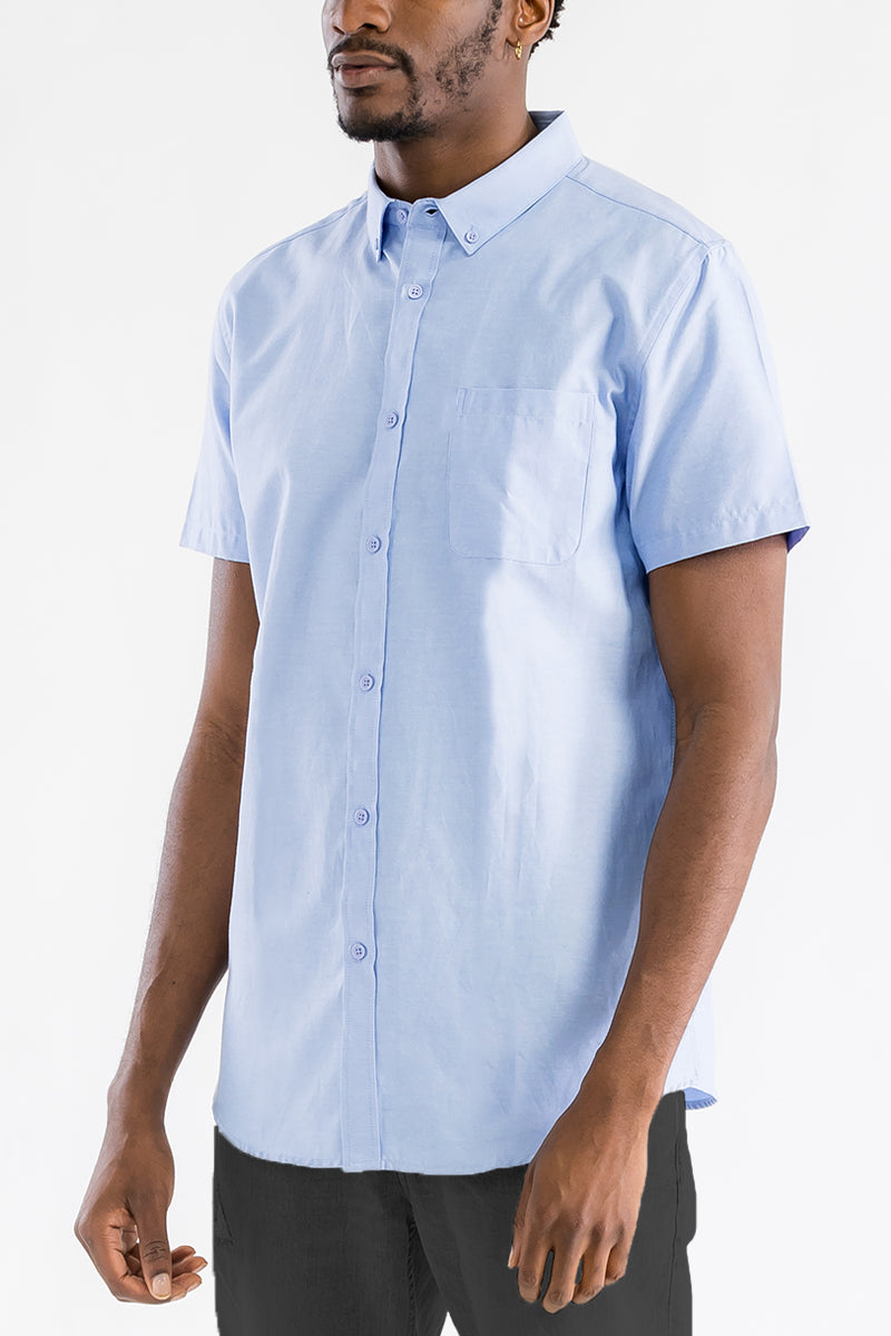 Men's Plain Blue Button Down Short Sleeve Shirt side