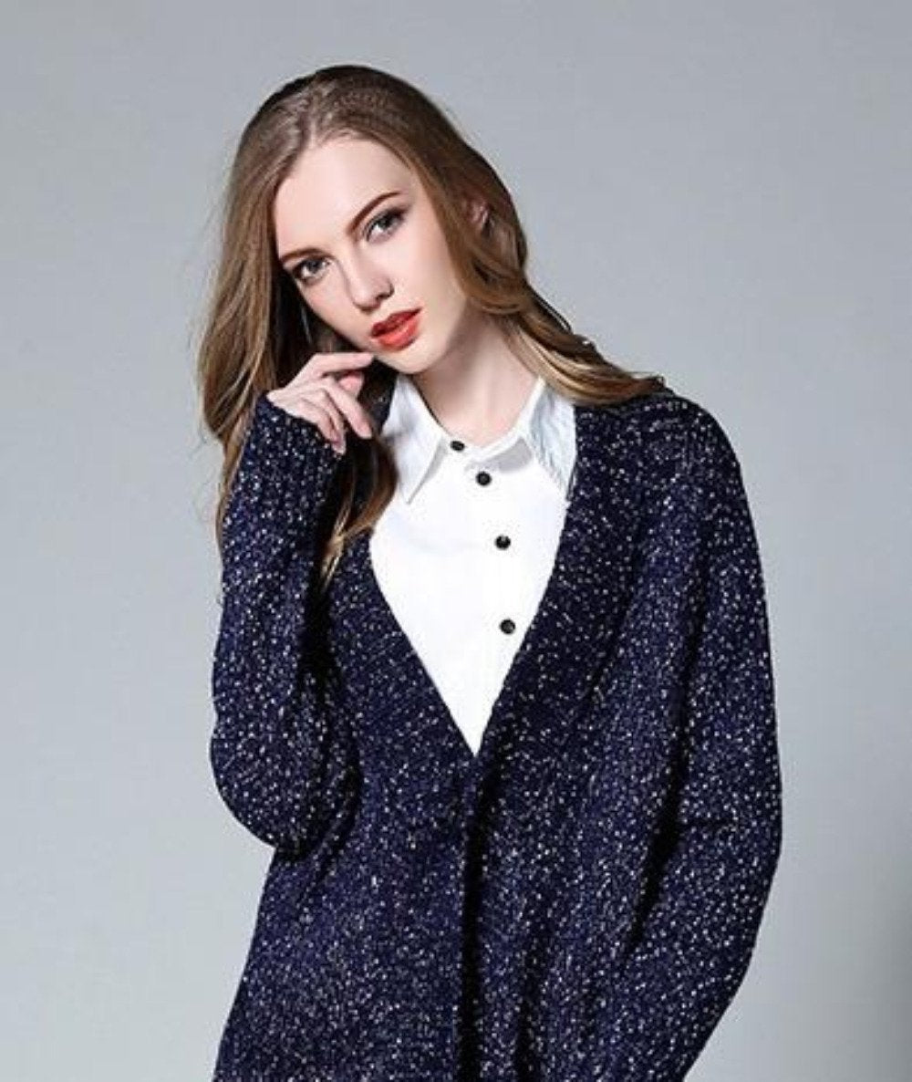 Picture of a Women's Navy Blue Long Cardigan buttoned up close up shot