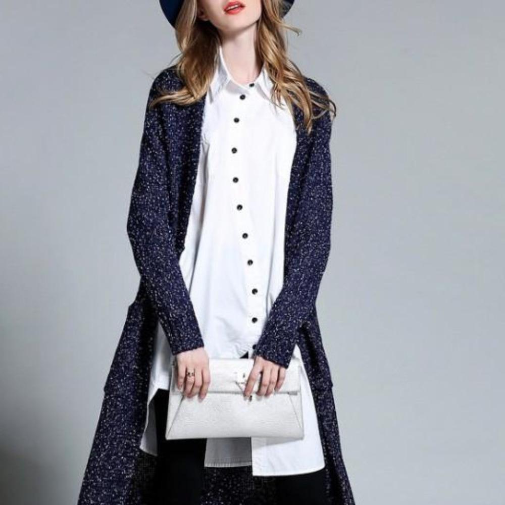 Picture of a Women's Navy Blue Long Cardigan front view close up