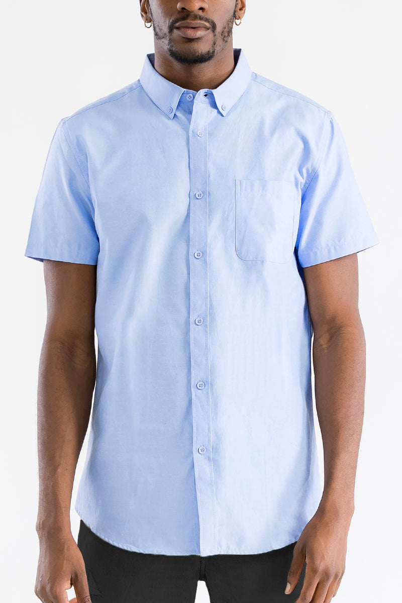 Men's Plain Blue Button Down Short Sleeve Shirt front