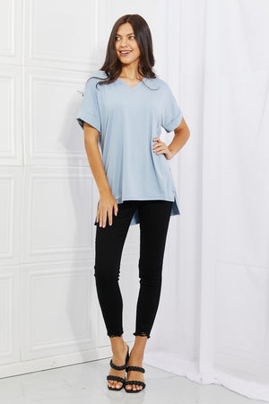 Cotton V-Neck Women's Plain Sky Blue T-Shirt full model shot