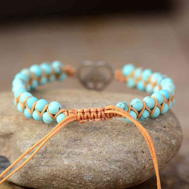 Love Nature Beaded Bracelet over a rock back view turquoise 