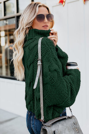 Picture of a Women's Cuddle Approved Cable Knit Handmade Turtleneck Sweater green side