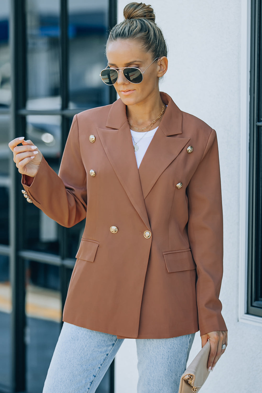 Double-Breasted Lapel Collar Women's Blazer caramel front closed