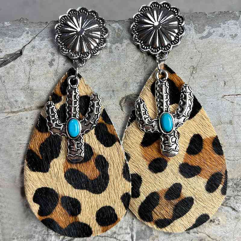 Turquoise Cactus Animal Pattern Dangle Earrings leopard