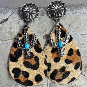 Turquoise Cactus Animal Pattern Dangle Earrings leopard