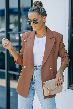 Double-Breasted Lapel Collar Women's Blazer caramel front