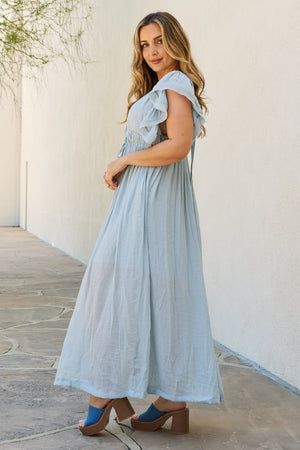 Conservative Long Butterfly Sleeve Blue Maxi Dress side view