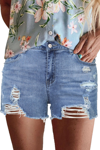 Picture of a Women's High Rise Denim Shorts with Tears front view