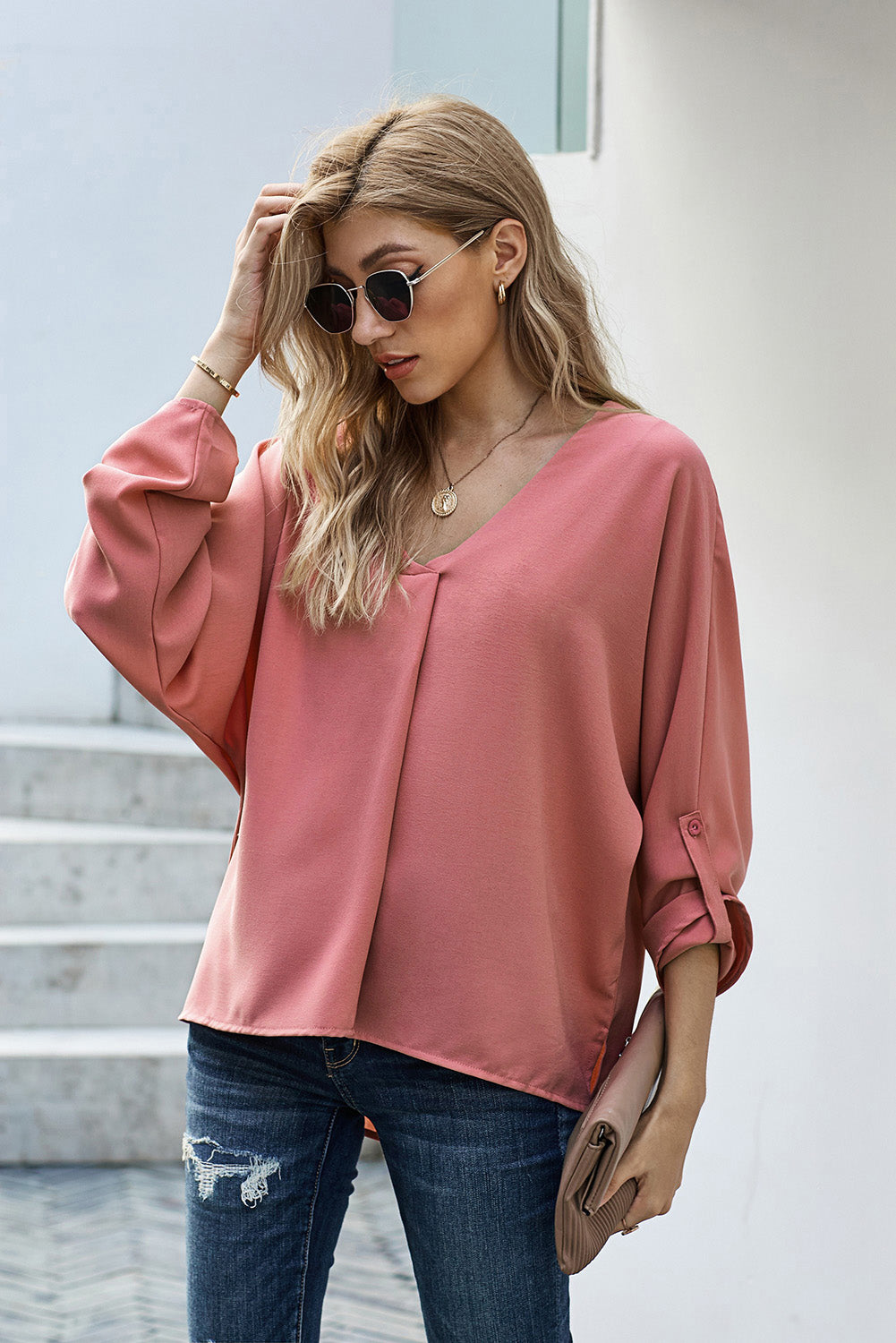Women's V-Neck Long Sleeve Blouse pink