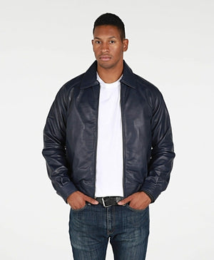 Picture of a Men's Genuine Leather Navy Blue Bomber Jacket front view
