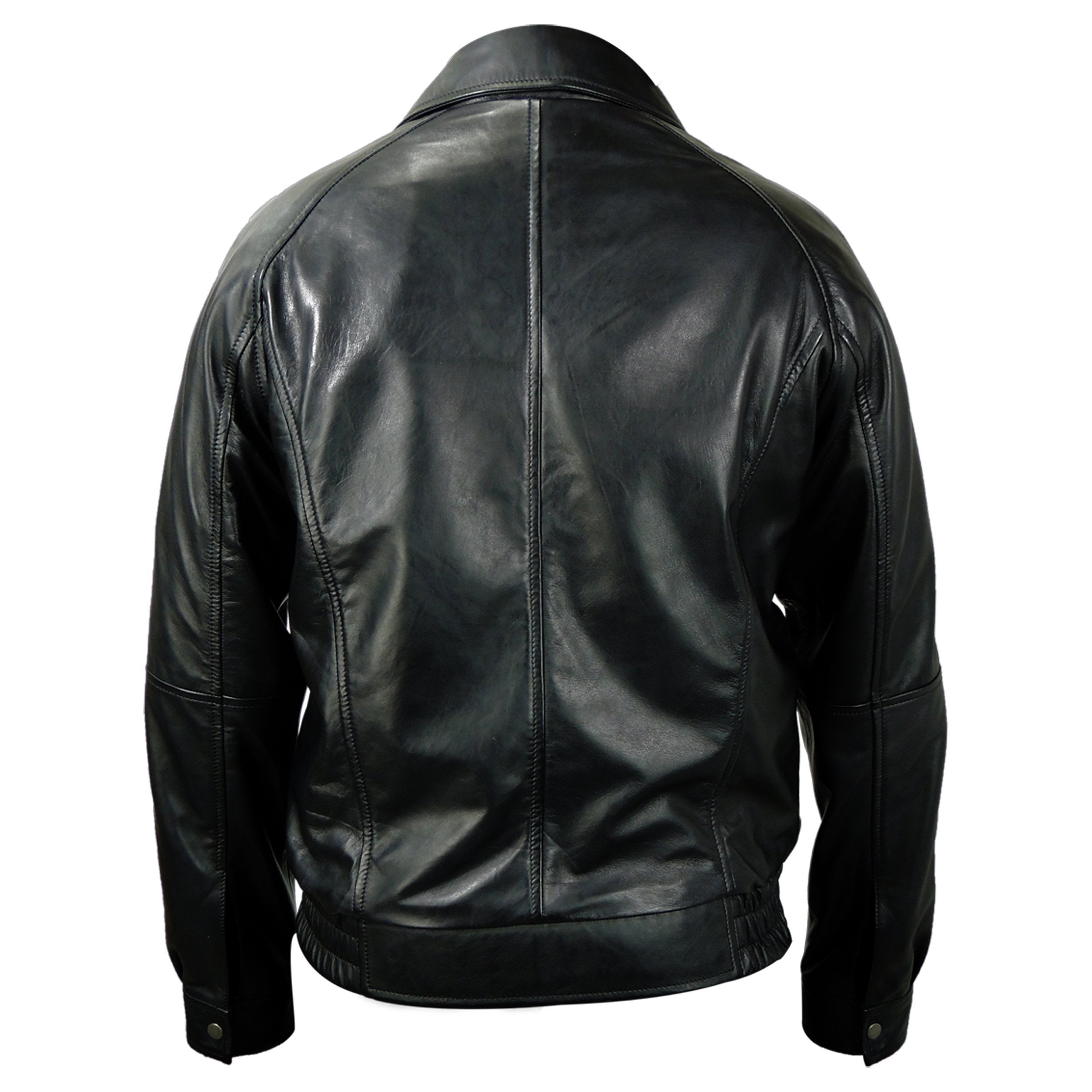 Picture of a Men's Genuine Leather Bomber Jacket in black back view