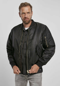 Picture of a Men's MA1 Nylon Bomber Jacket black front view
