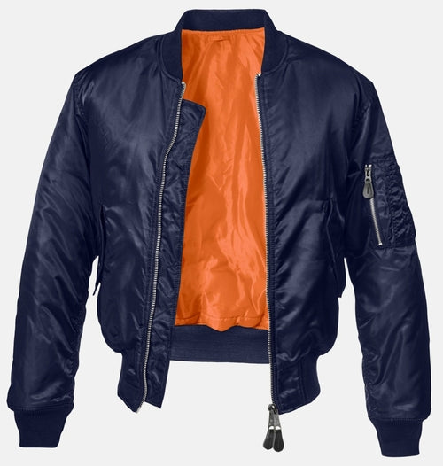 Picture of a Men's MA1 Nylon Bomber Jacket navy blue front view