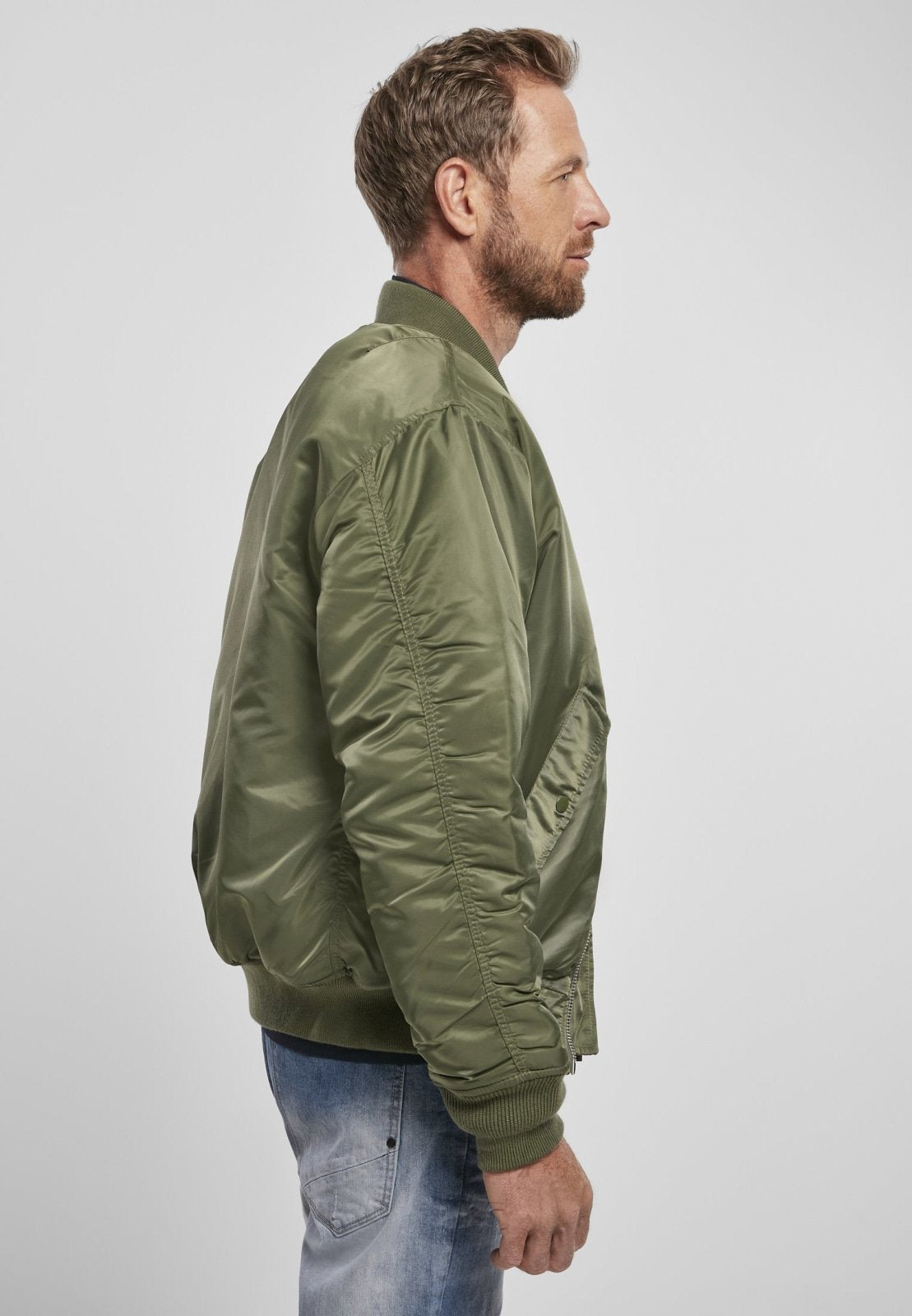 Picture of a Men's MA1 Nylon Bomber Jacket side view