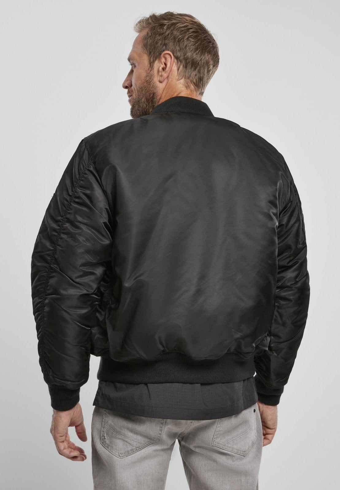 Picture of a Men's MA1 Nylon Bomber Jacket black back view