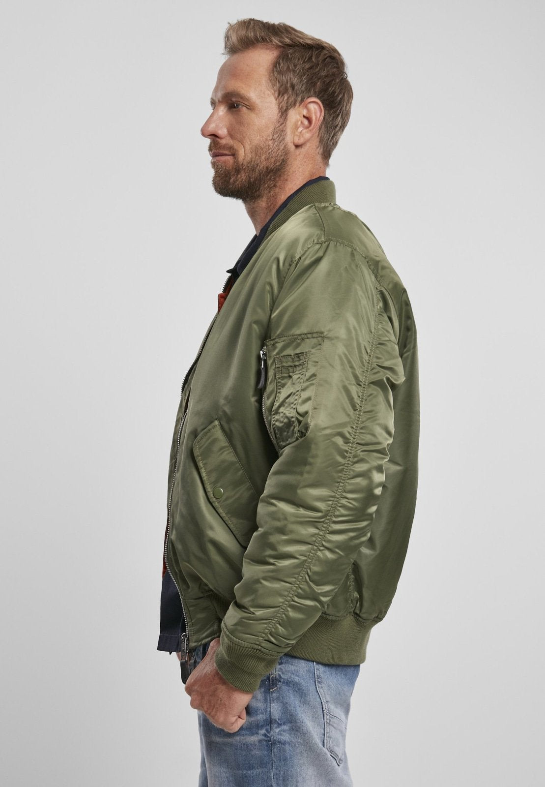 Picture of a Men's MA1 Nylon Bomber Jacket side view