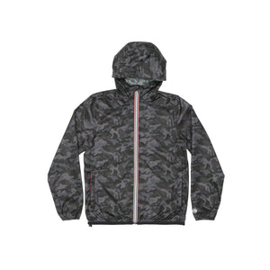 Picture of a Men's Quarter Zip Black Camo Waterproof Rain Jacket product only shot on a white backdrop