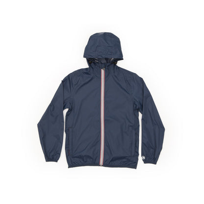 Picture of a Men's Full Zip Navy Blue Waterproof Rain Jacket product alone on a table