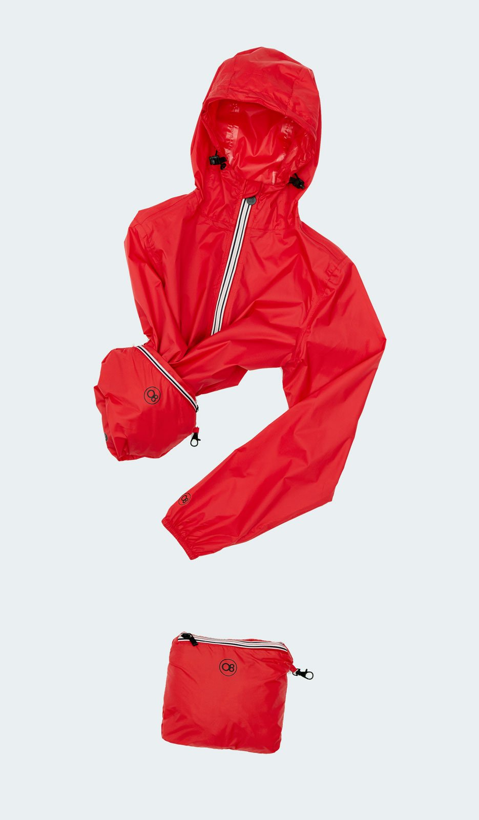 Picture of a Women's Quarter Zip White Waterproof Rain Jacket red version just to show how to pack the jacket into the bag