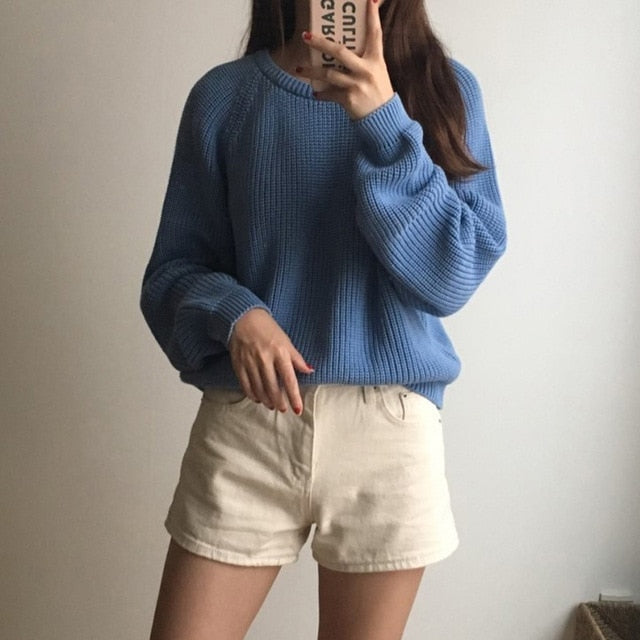 picture of a blue Plain Women's Long Sleeve Solid O-Neck Pullover Sweater