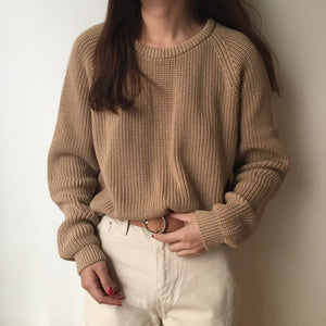 picture of a brown Plain Women's Long Sleeve Solid O-Neck Pullover Sweater